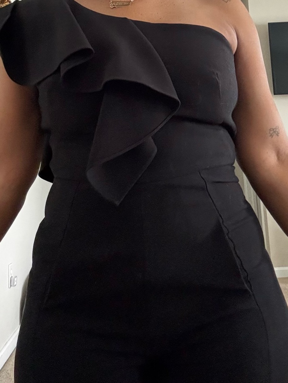 One-Shoulder Black Ruffle Jumpsuit